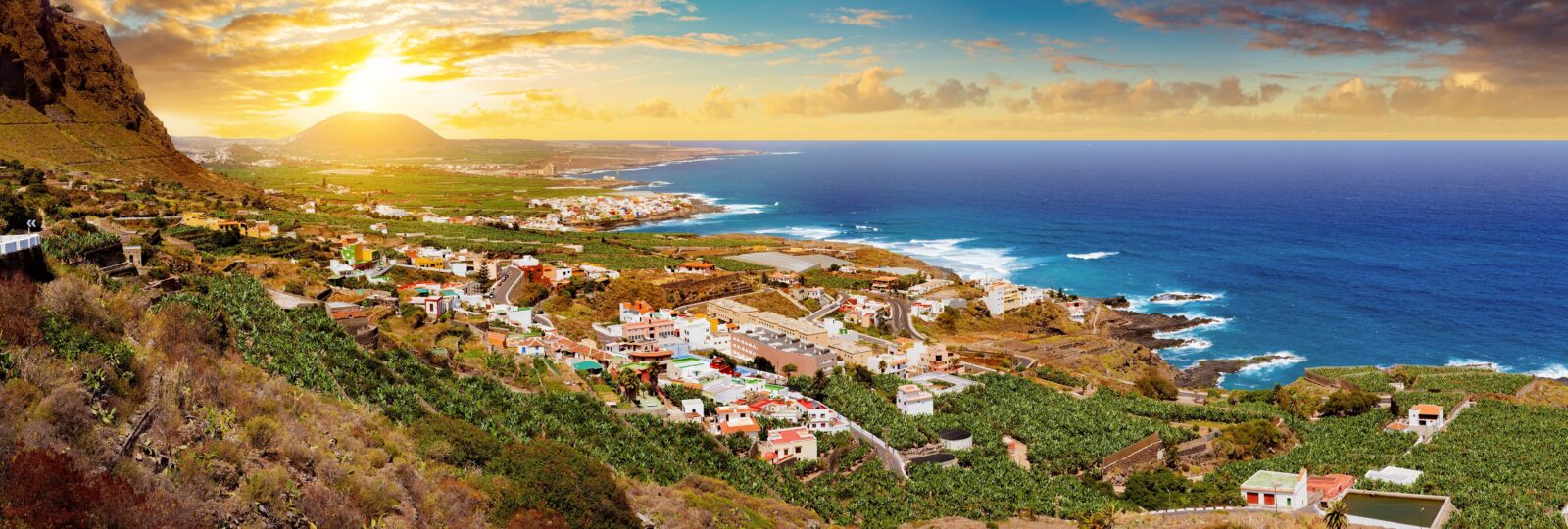 Costal town in Spain at sunset